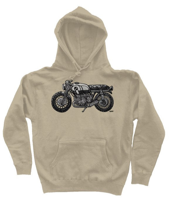 vintage bmw motorcycle drawing by henri on the chest of premium hooded sweatshirt