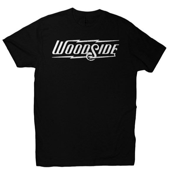 Woodside Brand logo in distressed white on chest of premium short sleeve t-shirt