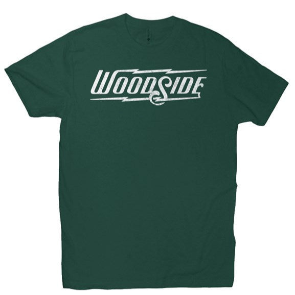 Woodside Brand logo in distressed white on chest of premium short sleeve t-shirt