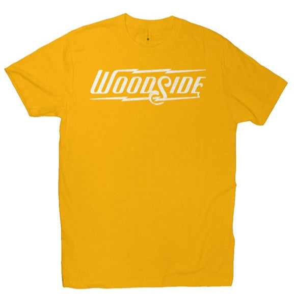 Woodside Brand logo in distressed white on chest of premium short sleeve t-shirt