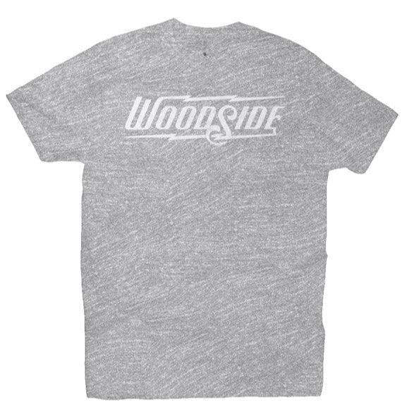 Woodside Brand logo in distressed white on chest of premium short sleeve t-shirt