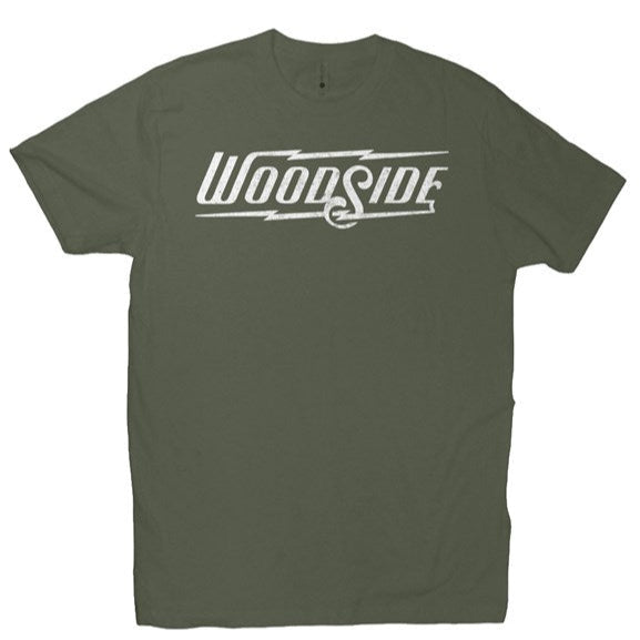 Woodside Brand logo in distressed white on chest of premium short sleeve t-shirt