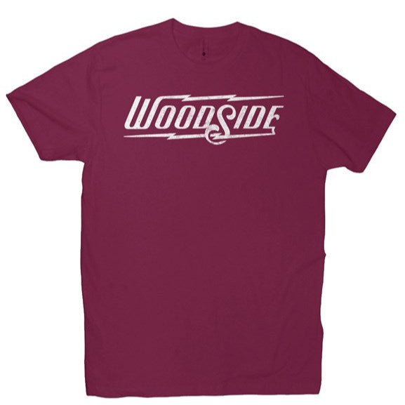 Woodside Brand logo in distressed white on chest of premium short sleeve t-shirt
