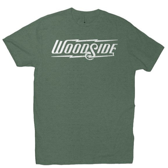 Woodside Brand logo in distressed white on chest of premium short sleeve t-shirt