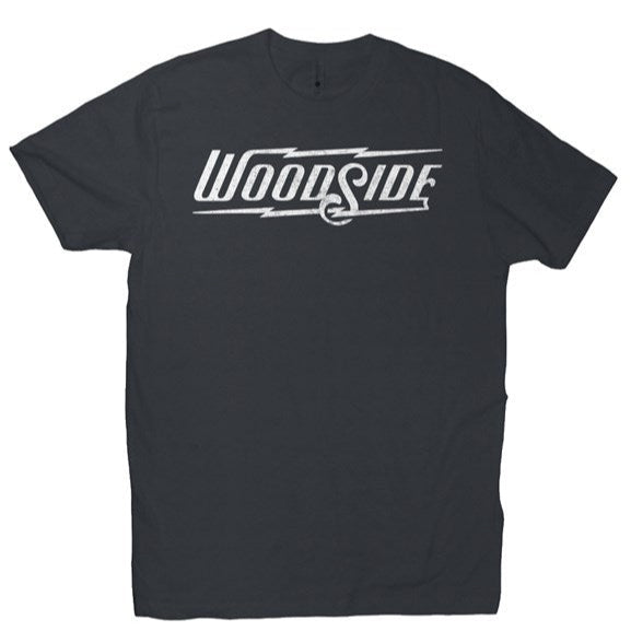 Woodside Brand logo in distressed white on chest of premium short sleeve t-shirt