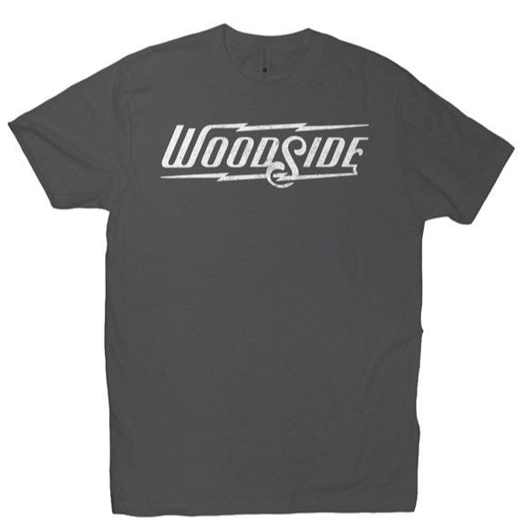 Woodside Brand logo in distressed white on chest of premium short sleeve t-shirt