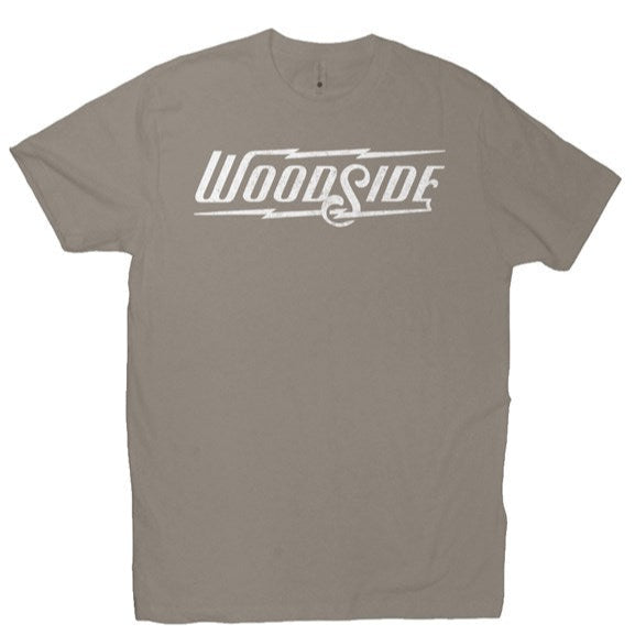 Woodside Brand logo in distressed white on chest of premium short sleeve t-shirt