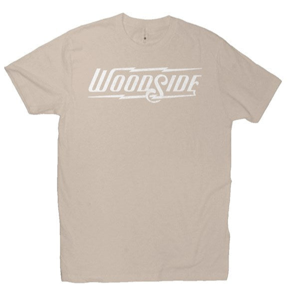 Woodside Brand logo in distressed white on chest of premium short sleeve t-shirt