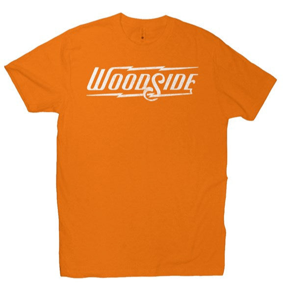 Woodside Brand logo in distressed white on chest of premium short sleeve t-shirt