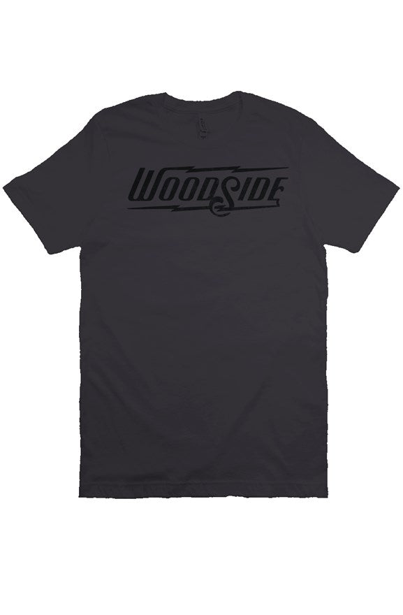 Woodside Brand logo in distressed black on chest of premium short sleeve t-shirt