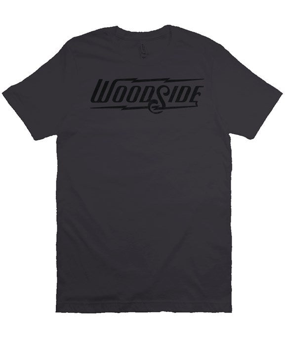 Woodside Brand logo in distressed black on chest of premium short sleeve t-shirt