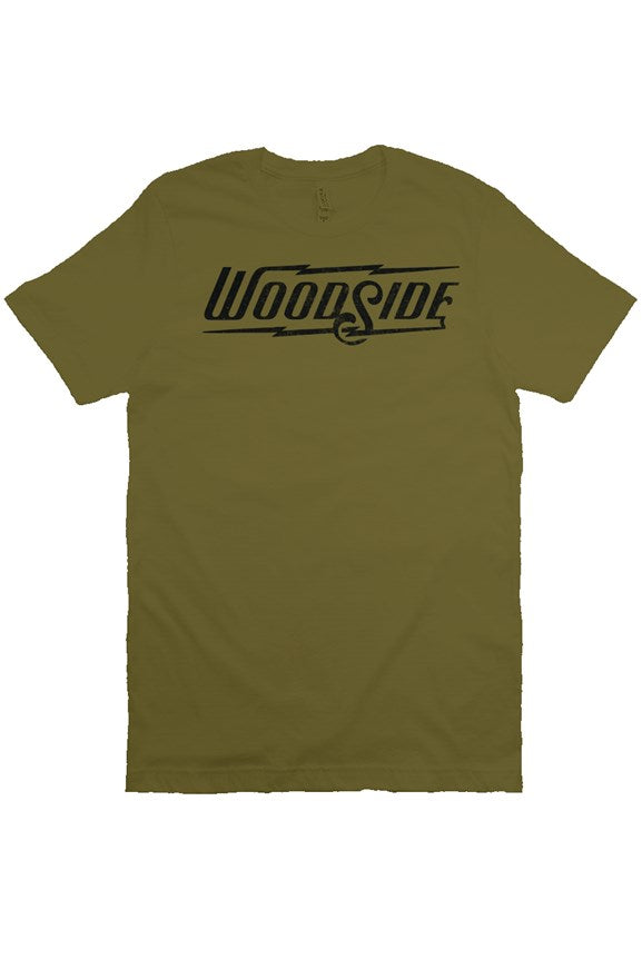 Woodside Brand logo in distressed black on chest of premium short sleeve t-shirt