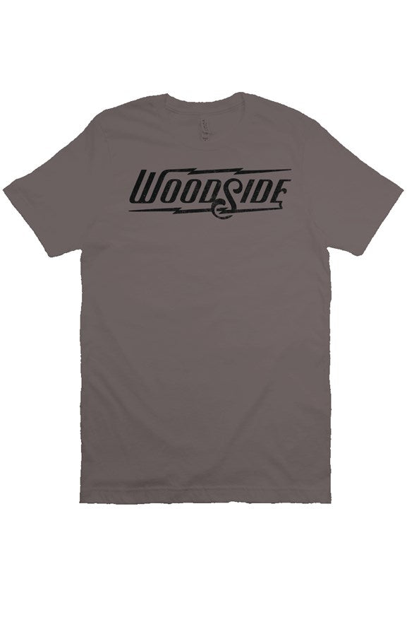Woodside Brand logo in distressed black on chest of premium short sleeve t-shirt