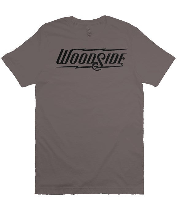 Woodside Brand logo in distressed black on chest of premium short sleeve t-shirt