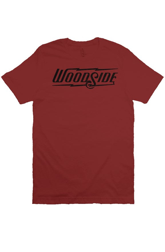 Woodside Brand logo in distressed black on chest of premium short sleeve t-shirt