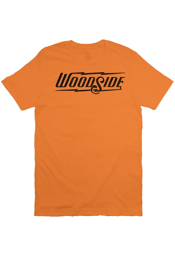 Woodside Brand logo in distressed black on chest of premium short sleeve t-shirt