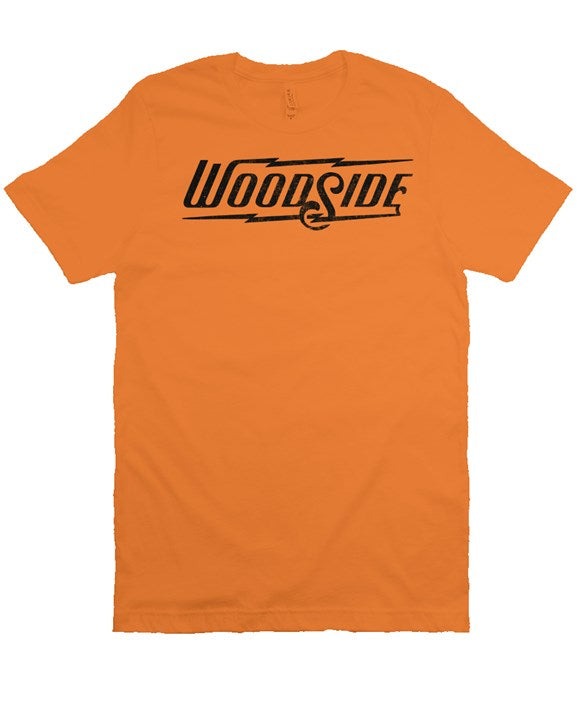 Woodside Brand logo in distressed black on chest of premium short sleeve t-shirt