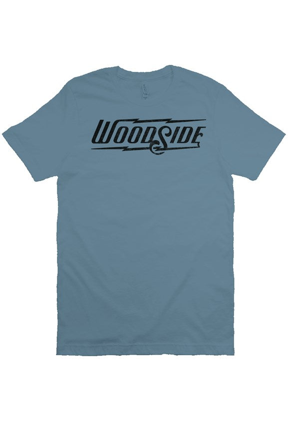 Woodside Brand logo in distressed black on chest of premium short sleeve t-shirt