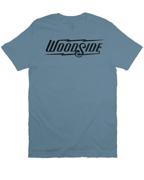 Woodside Brand logo in distressed black on chest of premium short sleeve t-shirt
