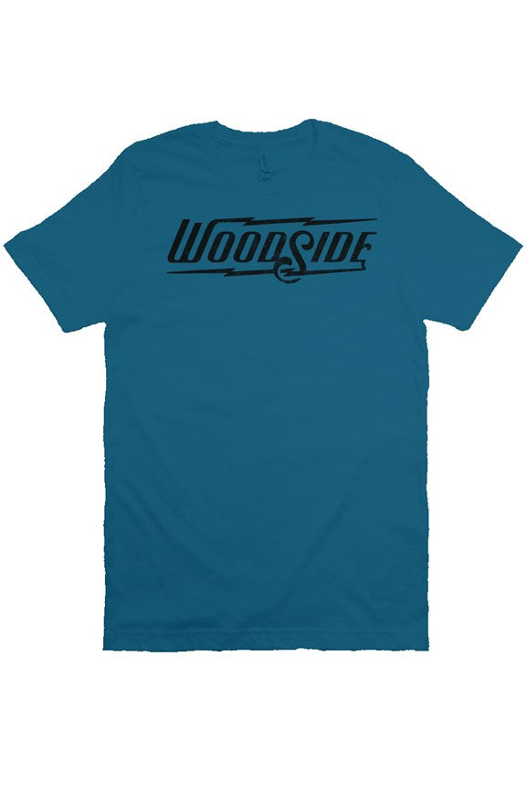 Woodside Brand logo in distressed black on chest of premium short sleeve t-shirt