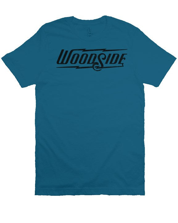Woodside Brand logo in distressed black on chest of premium short sleeve t-shirt