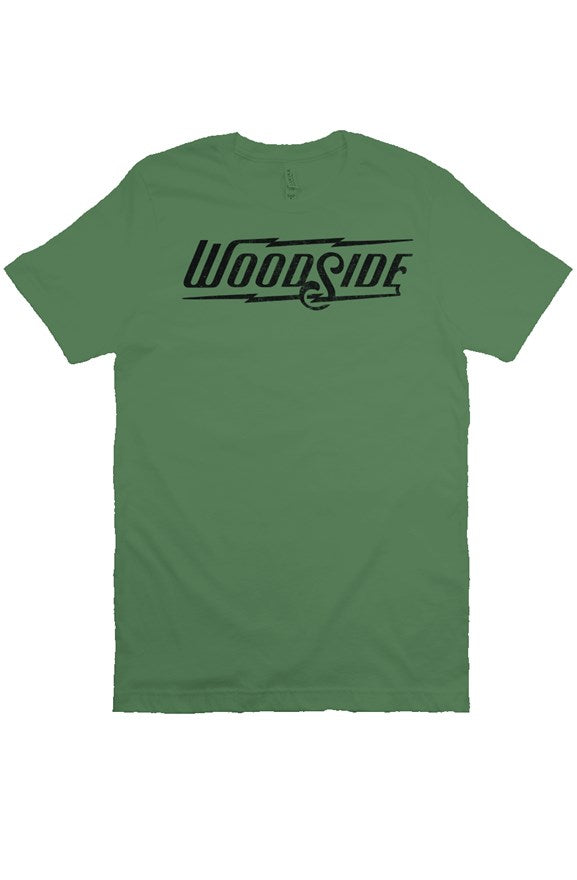 Woodside Brand logo in distressed black on chest of premium short sleeve t-shirt