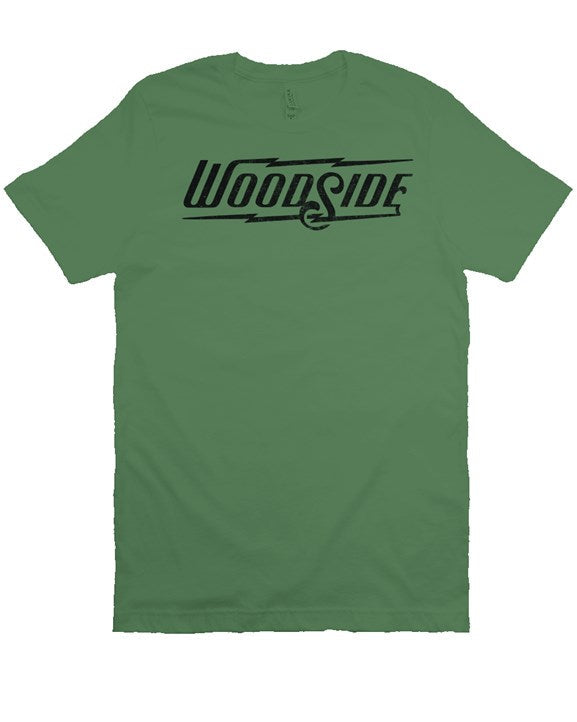 Woodside Brand logo in distressed black on chest of premium short sleeve t-shirt