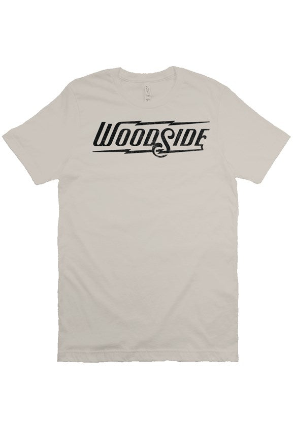 Woodside Brand logo in distressed black on chest of premium short sleeve t-shirt