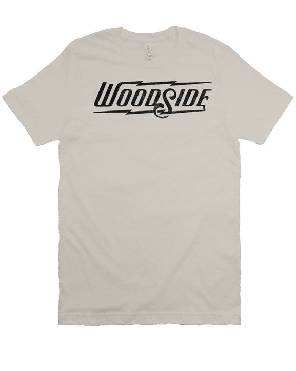 Woodside Brand logo in distressed black on chest of premium short sleeve t-shirt