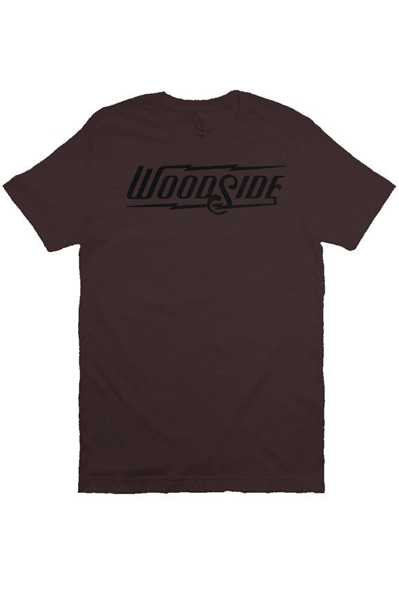 Woodside Brand logo in distressed black on chest of premium short sleeve t-shirt