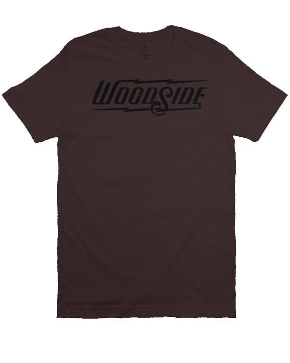 Woodside Brand logo in distressed black on chest of premium short sleeve t-shirt