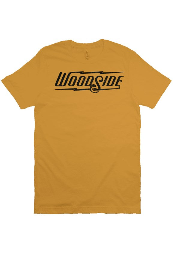 Woodside Brand logo in distressed black on chest of premium short sleeve t-shirt