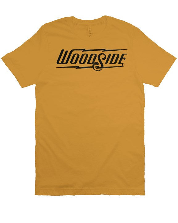 Woodside Brand logo in distressed black on chest of premium short sleeve t-shirt