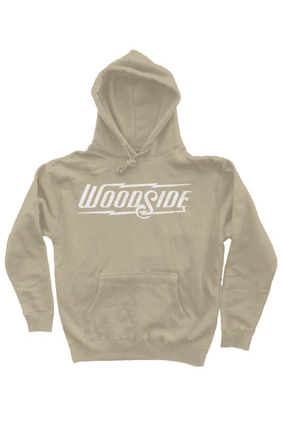 Woodside Brand logo printed in distressed white on chest of premium hooded sweatshirt