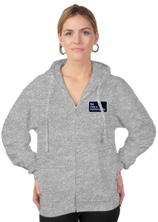 "Go ride a motorcycle" patch sewn on left chest of tultex zip-up pullover hoodie