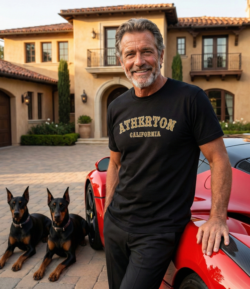 Man wearing 'Atherton California' t-shirt leaning on a Ferrari with two dobermans laying beside him in front of a spanish style estate