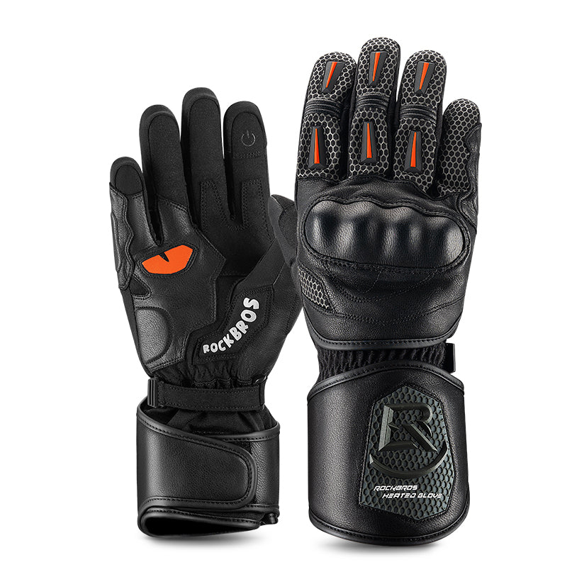 Black motorcycle gloves with orange accents and RockBros branding on a white background
