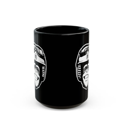 moto monkey design from crown moto in white ink on black ceramic mug, motorcycle lifestyle, motorbikes, gifts for riders, gifts for him, gifts for her, gifts for motorcyclists