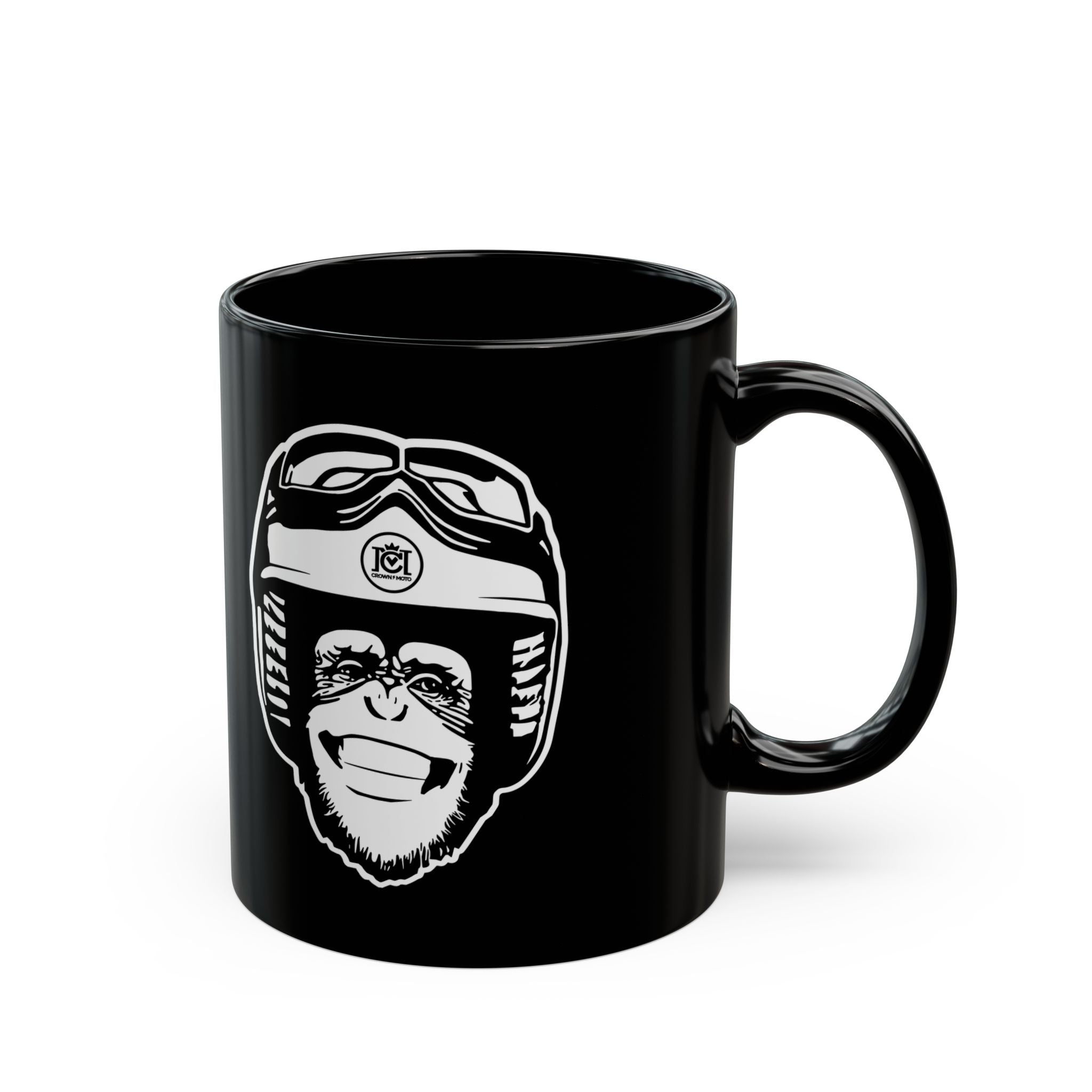 moto monkey design from crown moto in white ink on black ceramic mug, motorcycle lifestyle, motorbikes, gifts for riders, gifts for him, gifts for her, gifts for motorcyclists