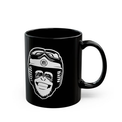 moto monkey design from crown moto in white ink on black ceramic mug, motorcycle lifestyle, motorbikes, gifts for riders, gifts for him, gifts for her, gifts for motorcyclists