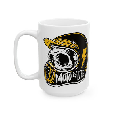 Moto is Life white ceramic coffee mugs, motorcycle lifestyle, live to ride, ride to live, skull