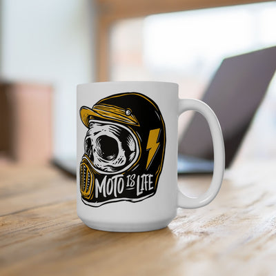 Moto is Life white ceramic coffee mugs, motorcycle lifestyle, live to ride, ride to live, skull