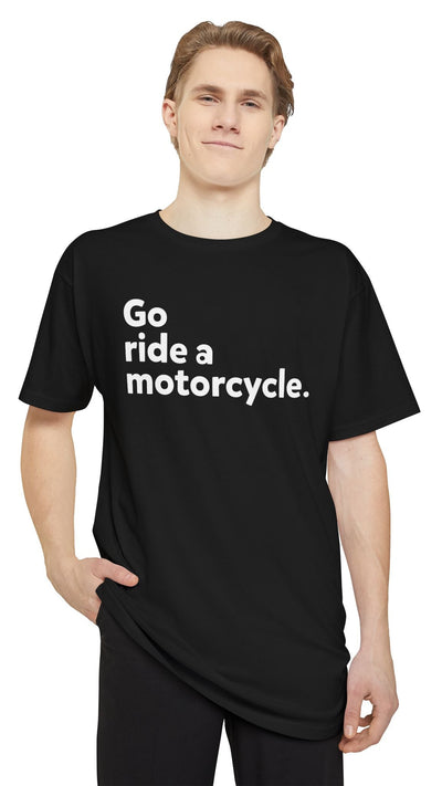 Male model wearing a Go ride a motorcycle Tall Urban T-shirt in black, taller size, big and tall, 6 foot plus, plus size, large people, tall motorcyclists, taller riders, motorcycle t-shirts, motorcycle lifestyle