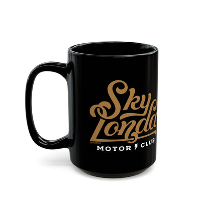 sky londa motor club logo black ceramic coffee mug, woodside, california, alice's restaurant