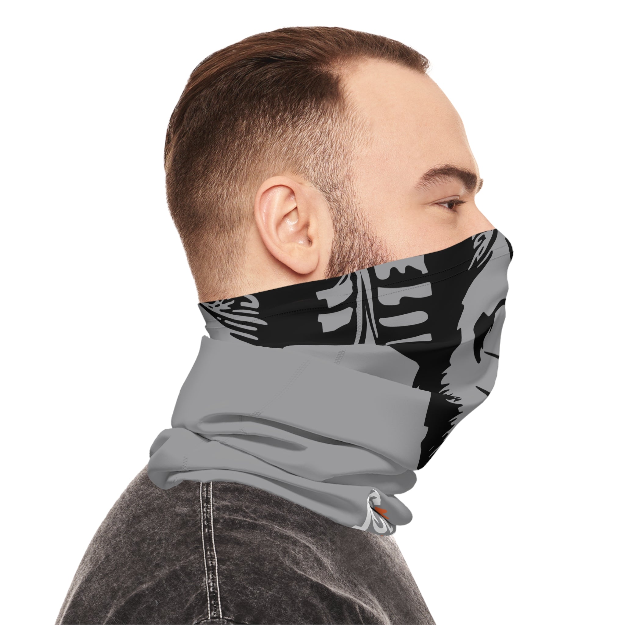 moto monkey design on both sides of grey neck gaiter, motorcycle accessory, neck buff, gifts for riders, gifts for motorcyclists, uv protection