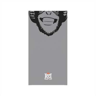 moto monkey design on both sides of grey neck gaiter, motorcycle accessory, neck buff, gifts for riders, gifts for motorcyclists, uv protection