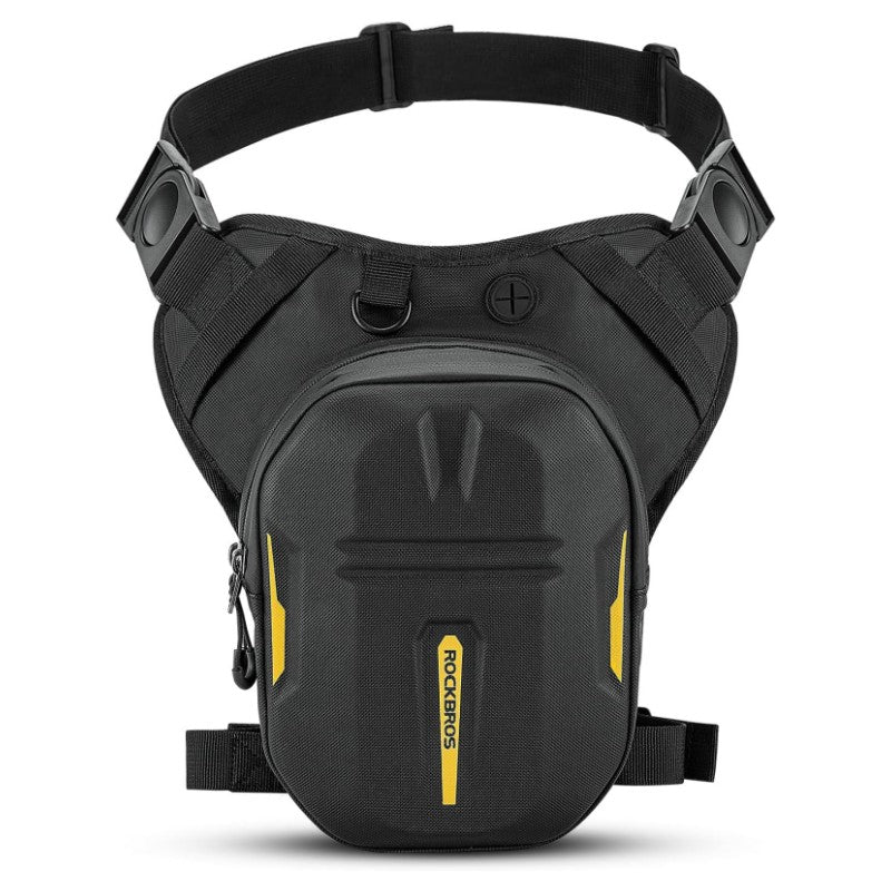 Black waist bag with yellow accents and 'RockBros' branding on a white background