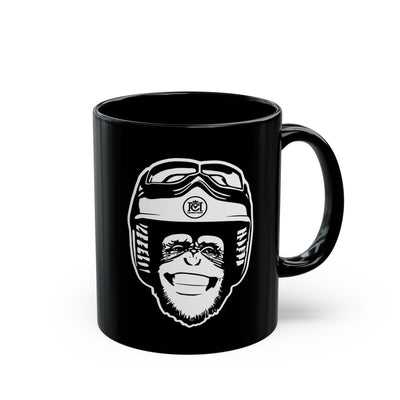 moto monkey design from crown moto in white ink on black ceramic mug, motorcycle lifestyle, motorbikes, gifts for riders, gifts for him, gifts for her, gifts for motorcyclists