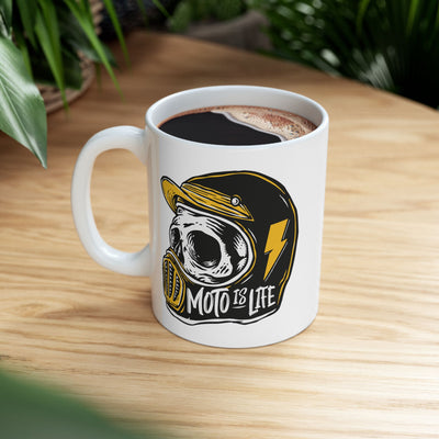 Moto is Life white ceramic coffee mugs, motorcycle lifestyle, live to ride, ride to live, skull
