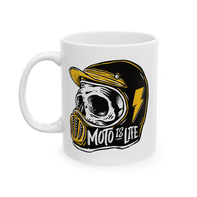 Moto is Life white ceramic coffee mugs, motorcycle lifestyle, live to ride, ride to live, skull